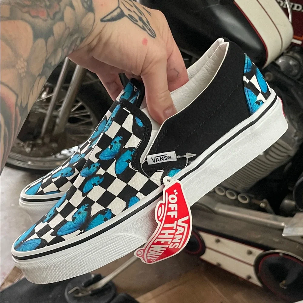Vans Black and White Checkered Slip-Ons with Blue Butterflies - Picture 4 of 5